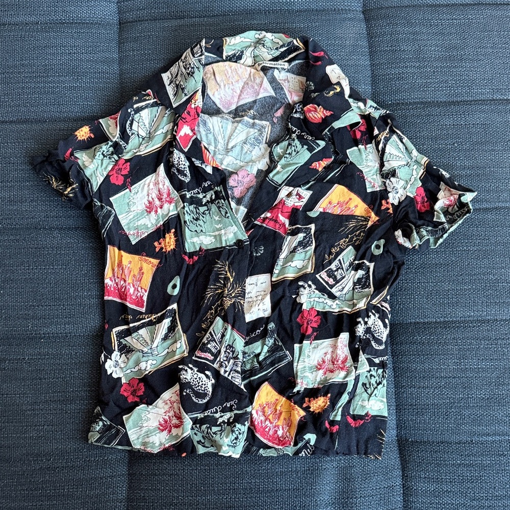 RARE Colorful Postcard Button up Top
